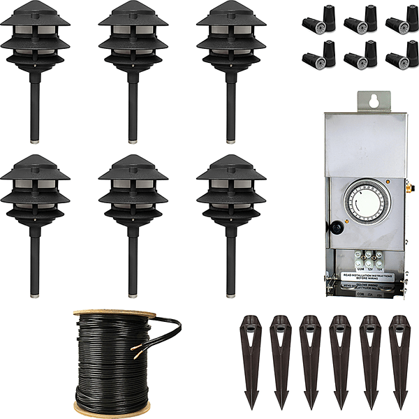 Best Landscape Lighting Kit - Cast Aluminum 3-Tier Pagoda 6-light Kit - Black FInish