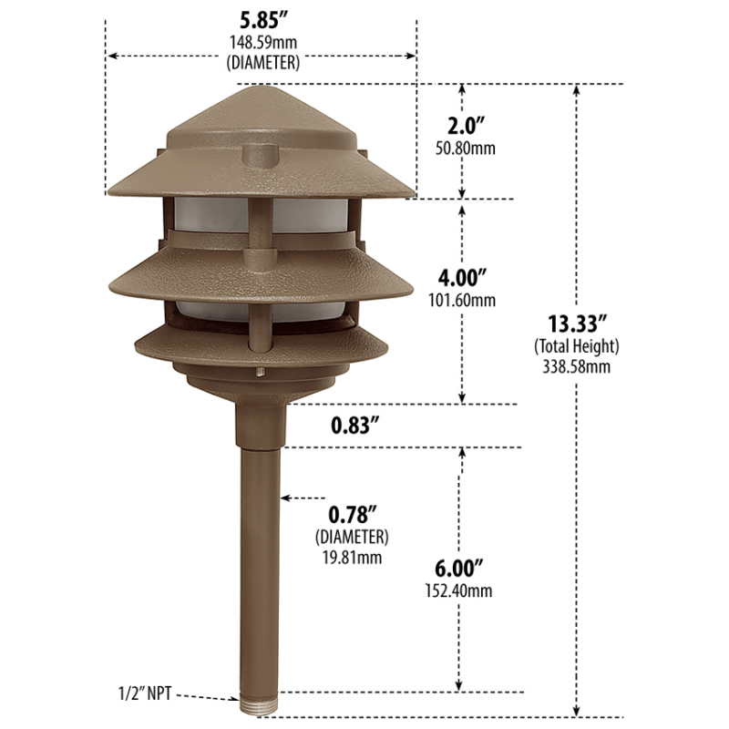 3-tier LED bronze pagoda path light dimensions - Shop C2CLights.com.